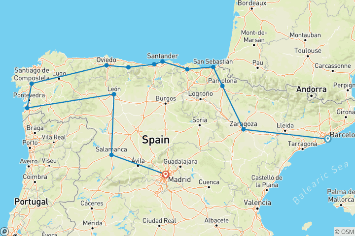 Map of Barcelona, Santiago & Madrid - 8 days