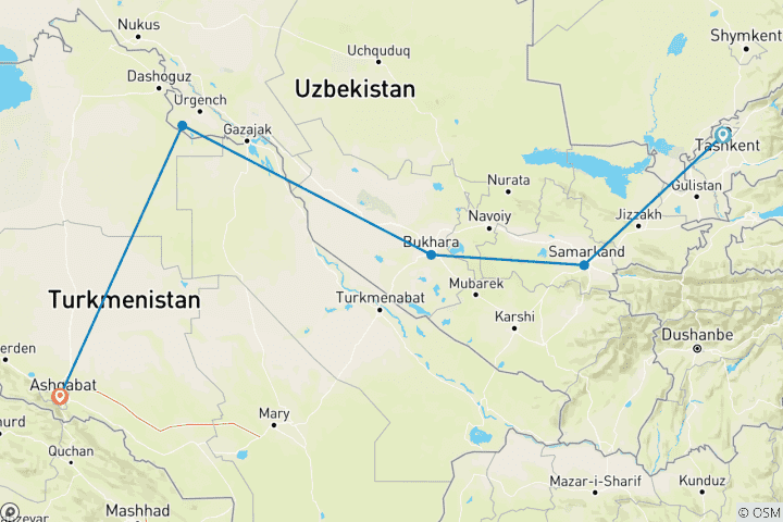 Carte du circuit Voyages : Histoires d'Ouzbékistan et de Turkménistan National Geographic Journeys
