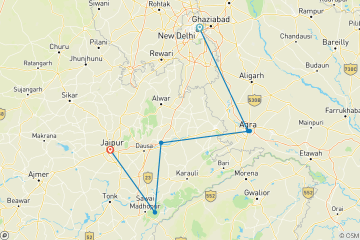 Map of Delhi to Jaipur & Tigers - 8 days