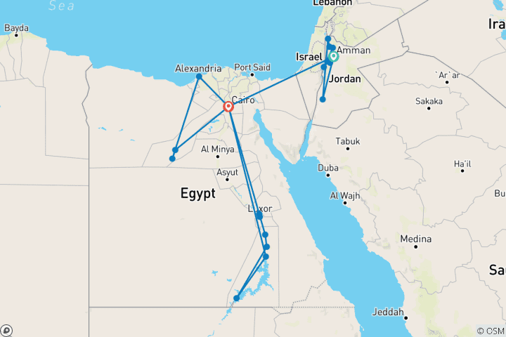 Karte von ab enteuer Petra zu den Pyramiden mit Sahara Wüste und Nil Segeln