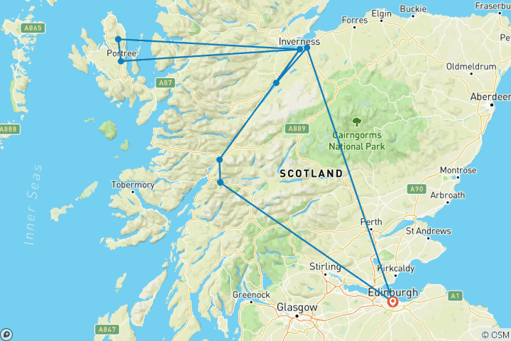 Carte du circuit D'Édimbourg à Inverness et Skye - 3 jours