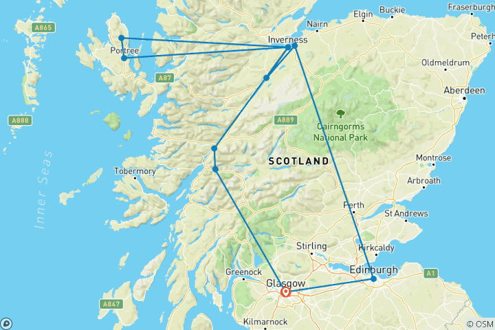 Carte du circuit De Glasgow à Inverness et Skye - 3 jours