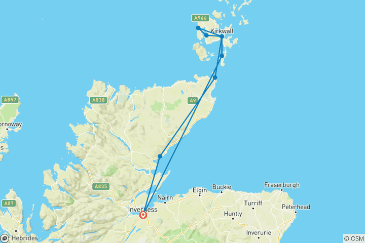 Mapa de De Inverness a las Orcadas - 3 días