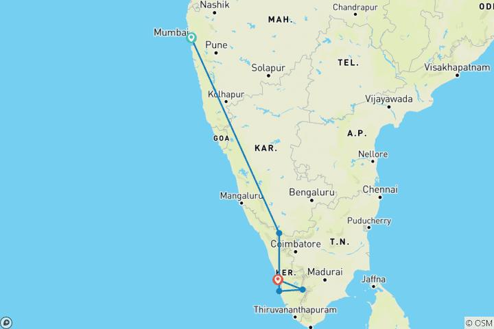 Carte du circuit Le Kerala décalé et la vie dans les villages.