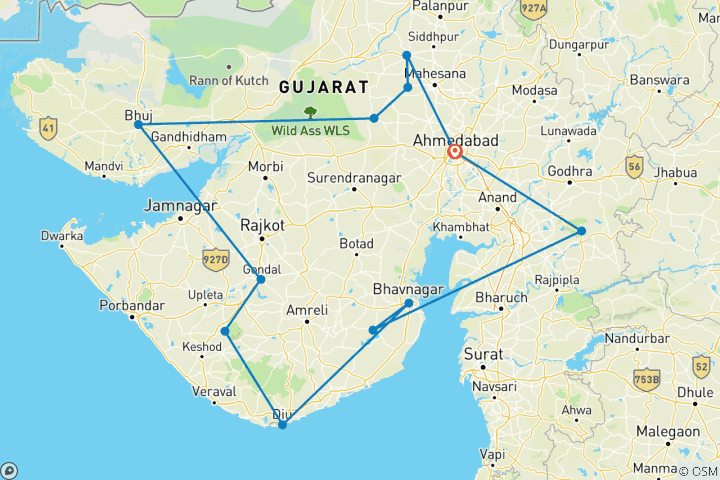 Carte du circuit 13 jours de voyage au Gujarat