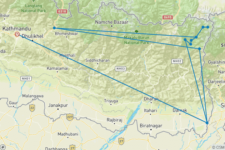 Carte du circuit 17 jours de randonnée sur le circuit du Kanchenjunga