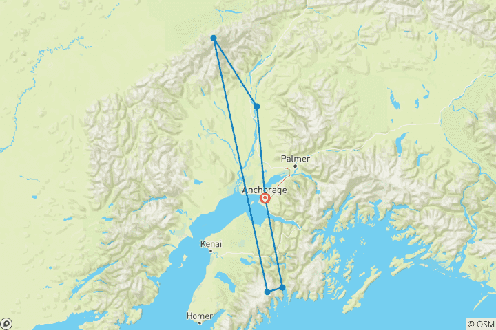 Map of 6-Day Best of Grand Alaska Highlights over 50's Tour