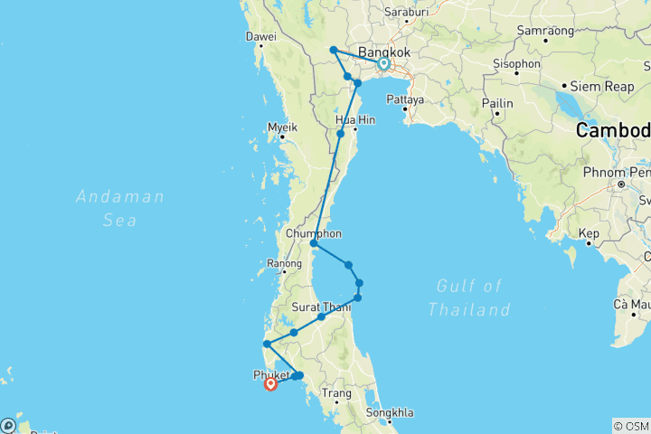 Carte du circuit 15 jours en Thaïlande : De l'effervescence de Bangkok aux îles tropicales et aux escapades dans la jungle