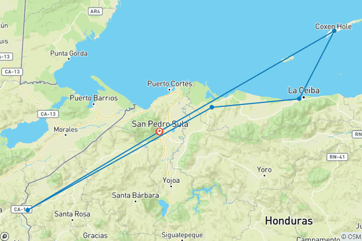 Carte du circuit Honduras : San Pedro Sula, Copán, lac Yogoa, Tela, Roatán - 11 jours