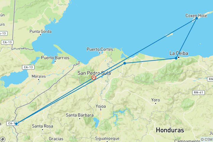 Map of Honduras: San Pedro Sula, Copán , Lake Yogoa, Tela, Roatán - 11 days