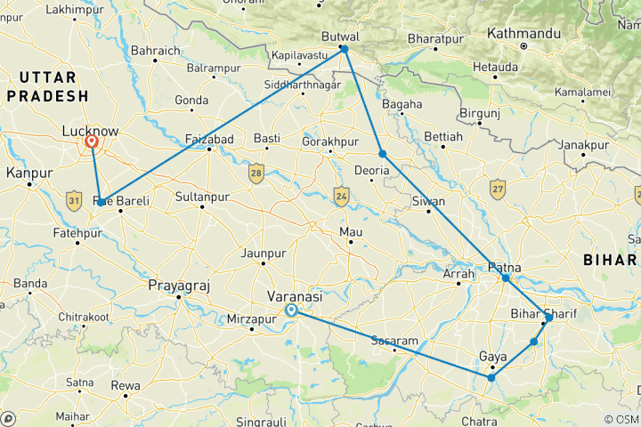 Mapa de Desde Benarés: Tour Budista Privado de 7 Días
