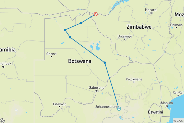 Carte du circuit Essentiel Botswana (12 destinations)