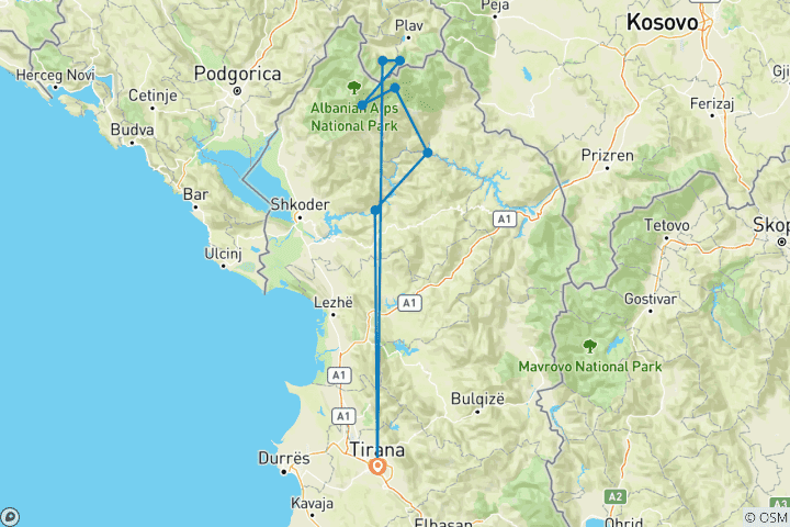 Carte du circuit Randonnée dans les Alpes albanaises