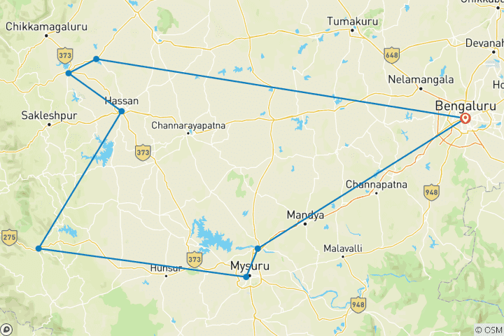 Carte du circuit Circuit privé de 7 jours à Coorg et Hassan au départ de Bangalore : Plantations de café de Coorg, palais de Mysore et temples Hoysala