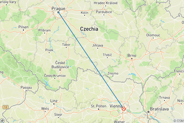 Map of 7 Day Prague and Vienna by train