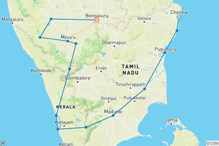 Carte du circuit Inde du Sud - Kerala Backwaters - Toy Train & Wildlife Tour - 15 jours