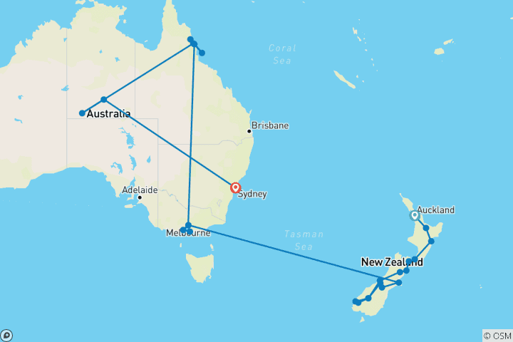 Karte von Neuseeland und Australien Entdeckungstour