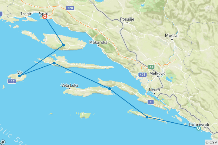 Carte du circuit Aventure à la voile en Croatie : De Dubrovnik à Split (7 destinations)