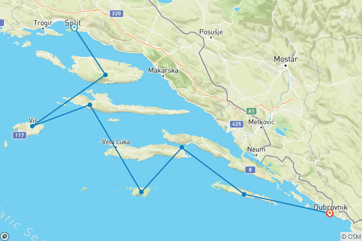 Carte du circuit Aventure de voile en Croatie : De Split à Dubrovnik (including Korčula)