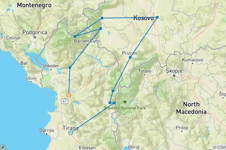 Carte du circuit Découvrez le nord de l'Albanie et le Kosovo
