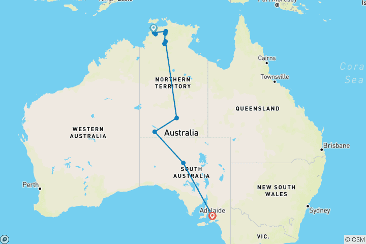 Carte du circuit L'Australie centrale et le Ghan (from Darwin to Adélaïde)