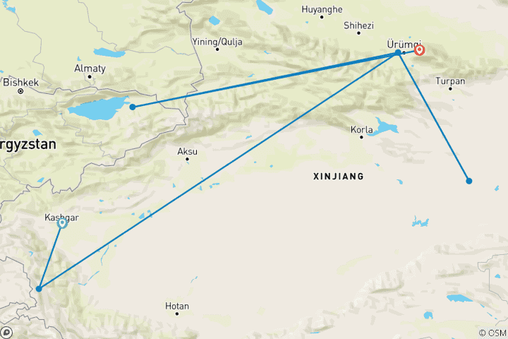 Map of 11 Days Xinjiang Group Tour to Kashgar and Kanas Lake