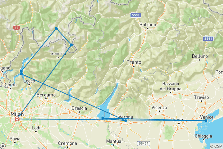 Carte du circuit Alpes suisses par le train de la Bernina, Saint-Moritz, lacs du Nord et Venise - 6 jours