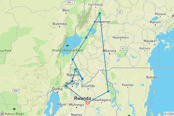 Kaart van 12 Daagse Rwanda Oeganda Gorilla's Chimpansees en wildlife safari