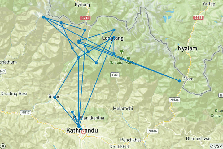 Carte du circuit Trek de l'héritage Tamang et de la vallée du Langtang (23 destinations)