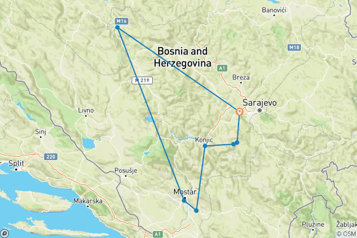 Carte du circuit Aventure en Bosnie-Herzégovine (8 destinations)