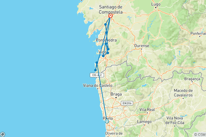Carte du circuit Camino portugais (11 destinations)