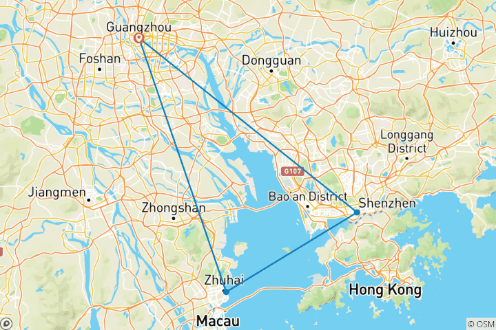 Map of 7-Day Pearl River Delta Highlights Tour: Guangzhou-Zhuhai-Shenzhen