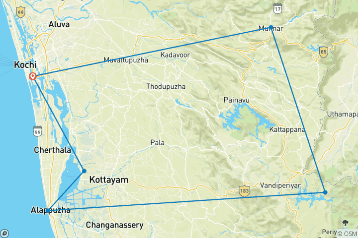 Map of 7 -Days Kerala Cultural and Scenic Private Tour: Kochi, Munnar, Periyar, Alleppey
