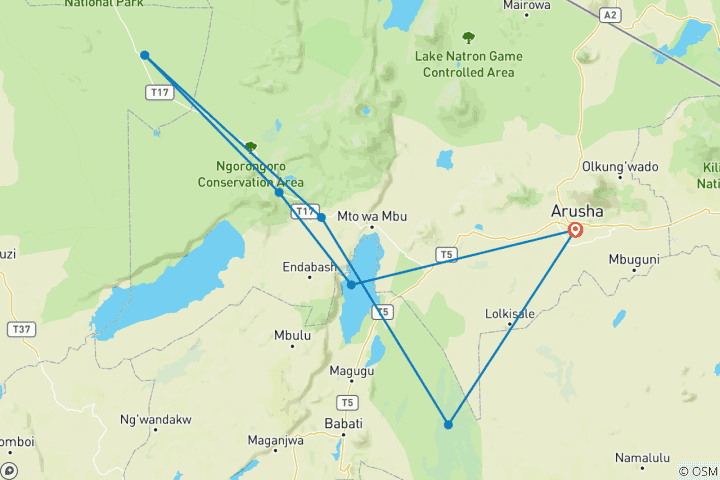Mapa de Aventura Safari Asequible de 6 Días (Circuito Norte)