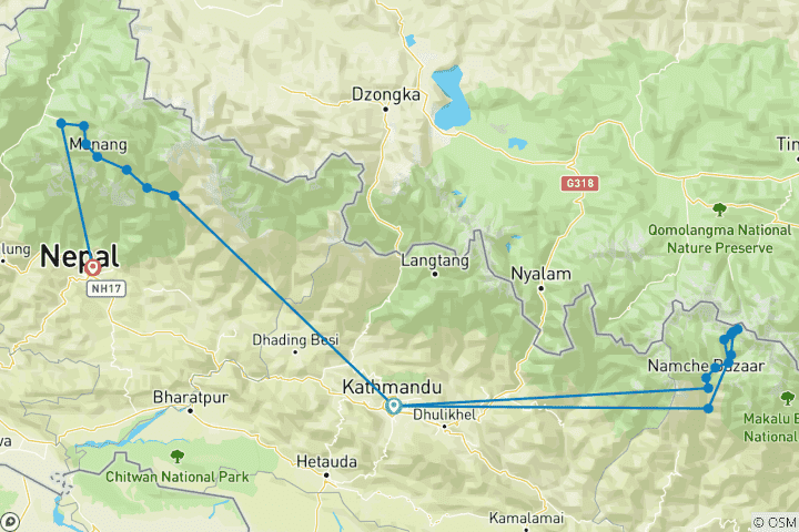 Map of Everest Base Camp & Annapurna Circuit Trek (40 destinations)