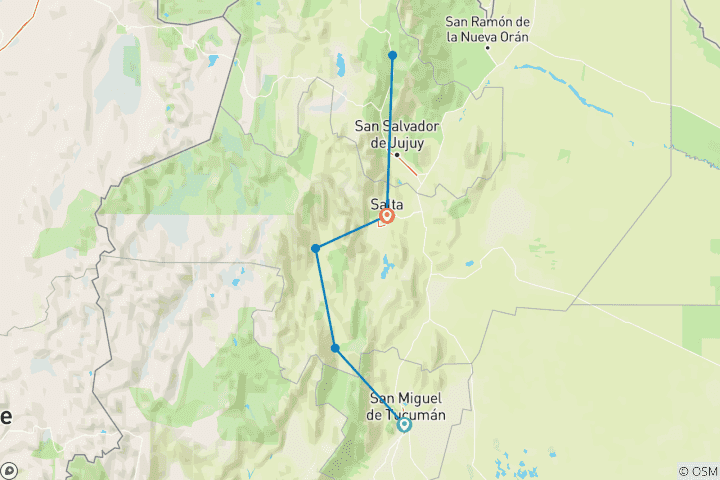 Kaart van Argentinië: Tucumán, Salta, Cafayate, Humahuaca - 7 dagen