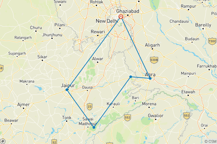 Karte von 9 Tage private Luxusreise durch das Goldene Dreieck mit Tiger- und Leoparden-Safari und Keoladeo National Bird Santuary Park