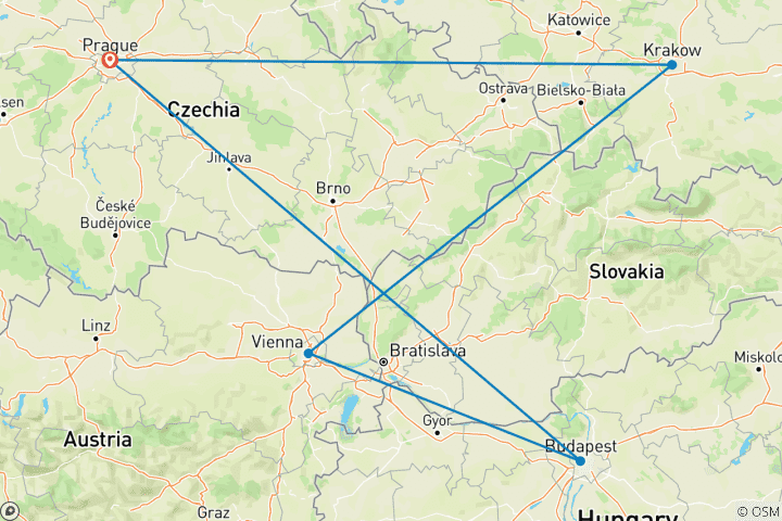 Map of Grand Central Europe – 10 Days (Prague • Krakow • Vienna • Budapest)