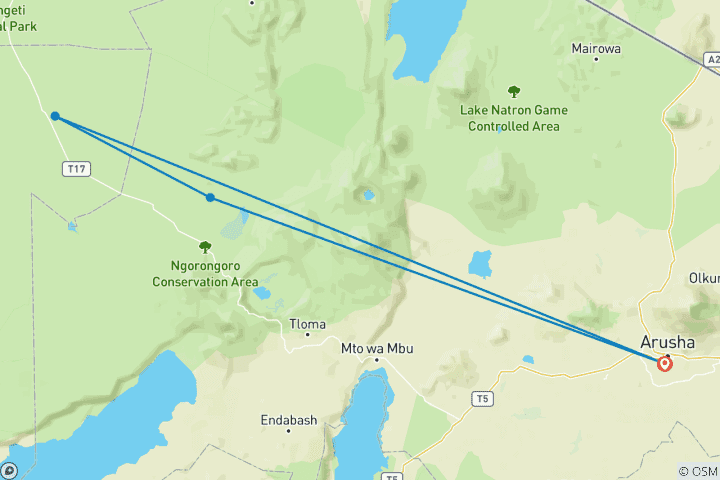 Mapa de Safari de lujo de 5 días por el Serengeti y el Ngorongoro (vuelo de llegada)