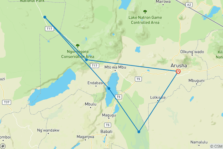 Carte du circuit Safari familial de luxe de 7 jours tout compris.