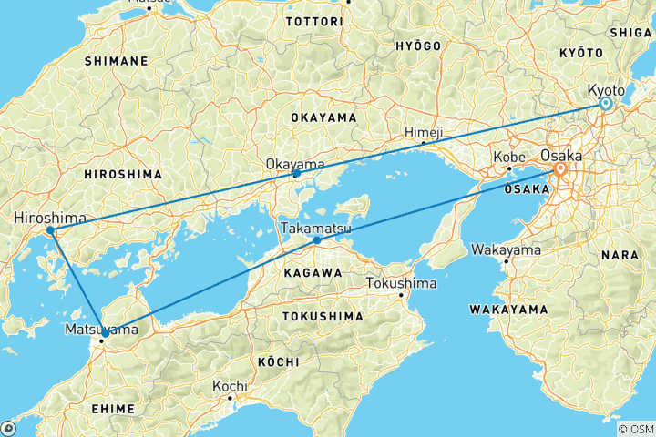 Carte du circuit 12 jours - Mer de Seto et Shikoku : Voyage dans l'ouest du Japon (guide et chauffeur privés）Voyage en famille - personnalisable)