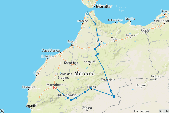 Kaart van 10-daagse privéreis Marokko van Tanger naar Marrakech-Chefchaouen, Fes, via Sahara-woestijn luxe kamp