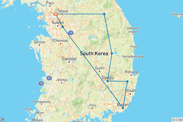 Map of South Korea: Seoul, Yongin, Busan, Gyeongju, Daegu, Haeinsa, Andong, Pyeongchang, Mt. Seorak, DMZ - 9 days