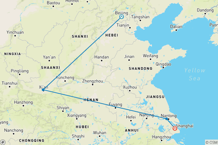 Map of 11-Day China Highlights Tour with Yangtze Cruise: Beijing, Xi'an, Shanghai