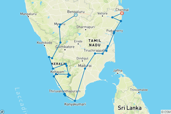 Kaart van Grote rondreis door Zuid-India