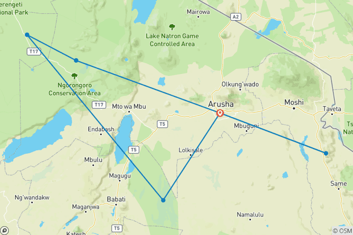 Mapa de Safari de 8 días por Tanzania con una auténtica experiencia Maasai