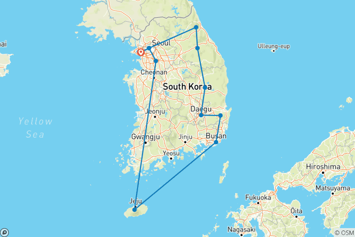 Carte du circuit Corée du Sud : Séoul, île de Jeju, Yongin, Busan, Gyeongju, Daegu, Andong, Pyeongchang, Mont Seorak, DMZ - 11 jours