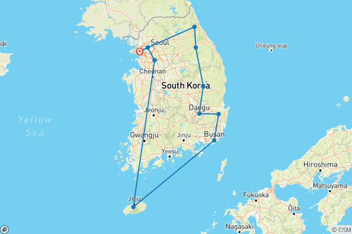Map of South Korea: Seoul, Jeju island, Yongin, Busan, Gyeongju, Daegu, Andong, Pyeongchang, Mont Seorak, DMZ - 11 days