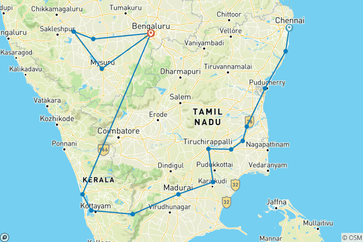 Carte du circuit Pleins feux sur l'Inde du Sud - 13 jours* *Tamil Nadu, Kerala & Karnataka
