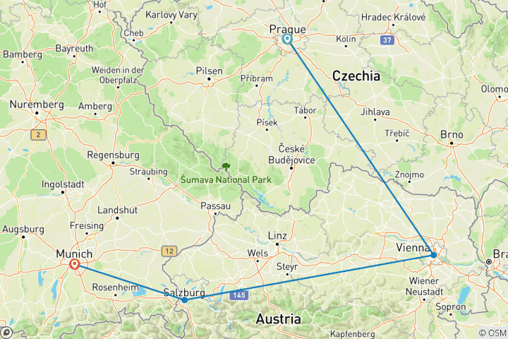 Kaart van Praag, Wenen, Salzburg en München in 10 dagen